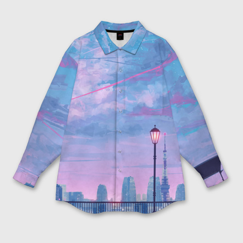 Мужская рубашка oversize 3D Город и красочное небо, цвет белый
