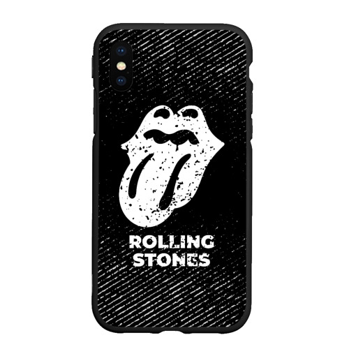 Чехол для iPhone XS Max матовый с принтом Rolling Stones с потертостями на темном фоне, вид спереди #2
