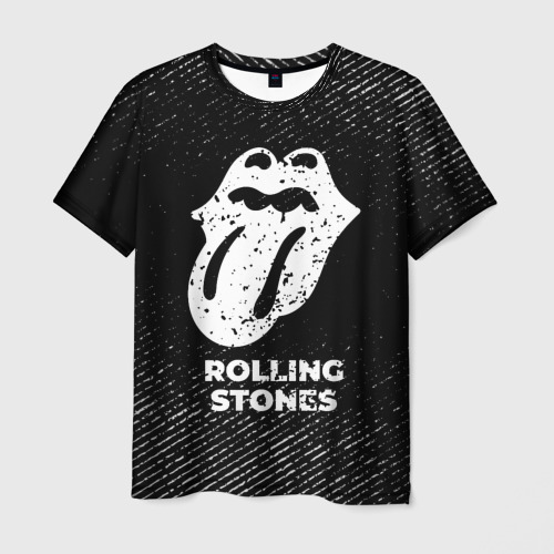 Мужская футболка с принтом Rolling Stones с потертостями на темном фоне, вид спереди №1