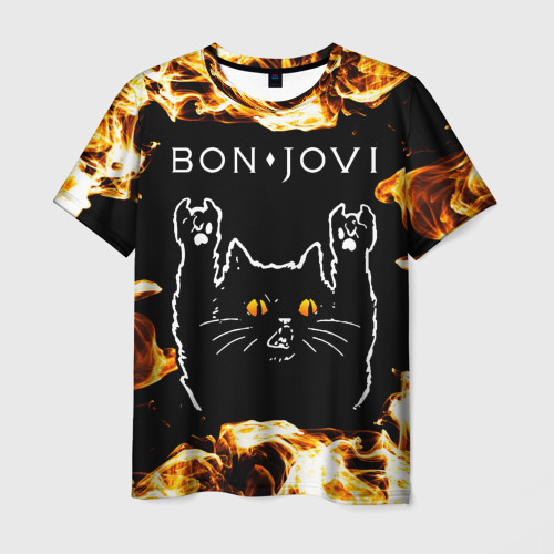 Мужская футболка с принтом Bon Jovi рок кот и огонь, вид спереди №1