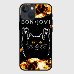 Чехол для iPhone 13 mini Bon Jovi рок кот и огонь