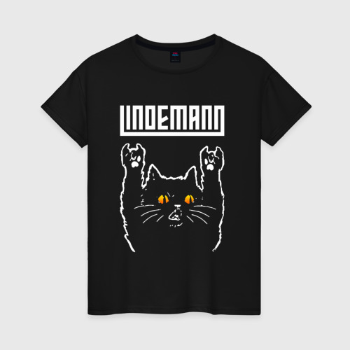 Женская футболка хлопок с принтом Lindemann rock cat, вид спереди #2