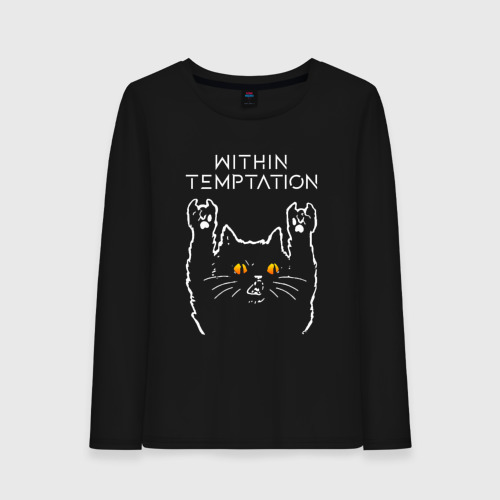 Женский лонгслив хлопок с принтом Within Temptation rock cat, вид спереди #2
