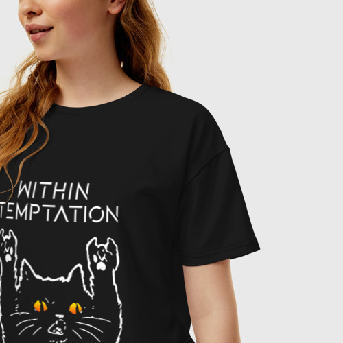 Женская футболка хлопок Oversize с принтом Within Temptation rock cat, фото на моделе #1