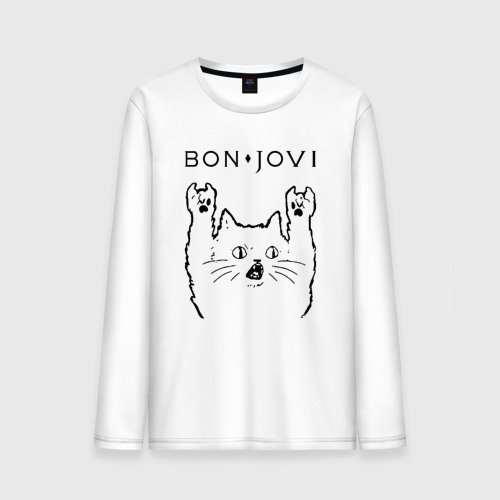 Мужской лонгслив хлопок с принтом Bon Jovi - rock cat, вид спереди #2