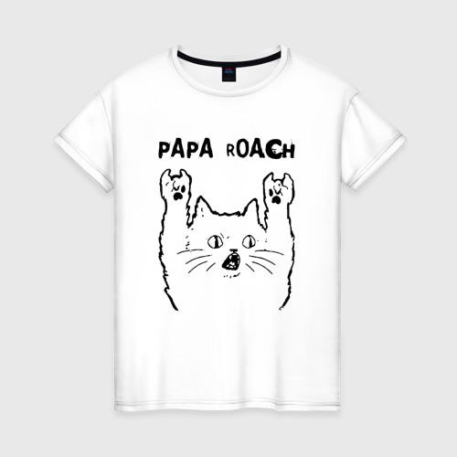 Женская футболка из хлопка с принтом Papa Roach - rock cat, вид спереди №1