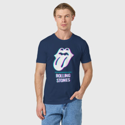 Футболка с принтом Rolling Stones glitch rock для мужчины, вид на модели спереди №2. Цвет основы: темно-синий