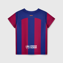Футболка с принтом ФК Барселона форма 23-24 домашняя для мужчины, вид сзади №1. Цвет основы: белый