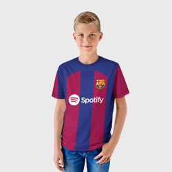 Футболка с принтом Лионель Месси Барселона форма 23-24 домашняя для ребенка, вид на модели спереди №2. Цвет основы: белый