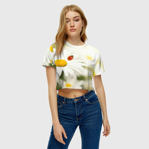 Женская футболка Crop-top 3D Божья коровка на ромашке, цвет 3D печать - фото 3