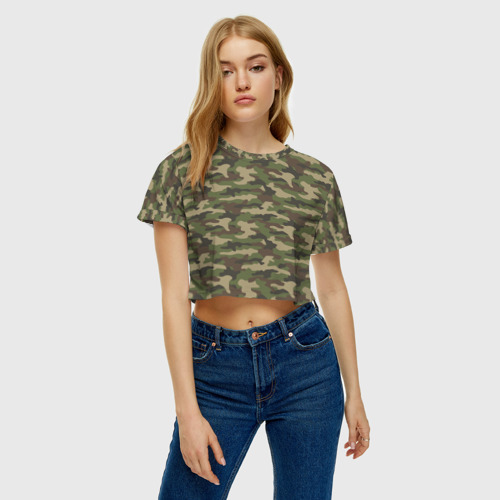 Женская футболка Crop-top 3D Камуфляж лесной зелёный, цвет 3D печать - фото 4