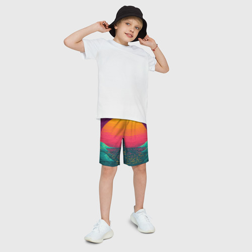 Детские спортивные шорты 3D с принтом Синтовый закат, фото на моделе #1