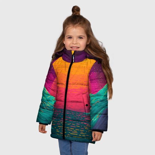Зимняя куртка для девочек 3D с принтом Синтовый закат, фото на моделе #1