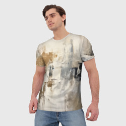 Мужская футболка 3D Абстрактное искусство масло, бежевый, черный, желтый, пастельные оттенки - фото 2