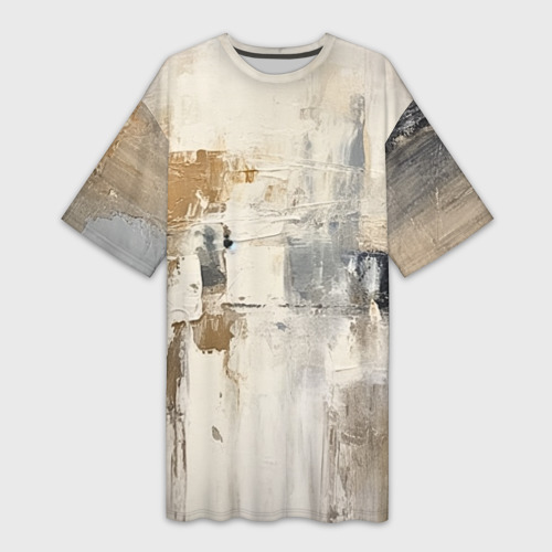 Платье-футболка с принтом Абстрактное искусство масло, бежевый, черный, желтый, пастельные оттенки, вид спереди №1