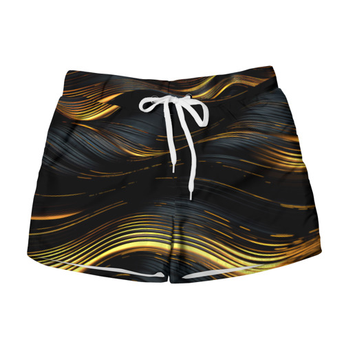 Женские шорты 3D с принтом Золотые волны на  черном фоне, вид спереди #2