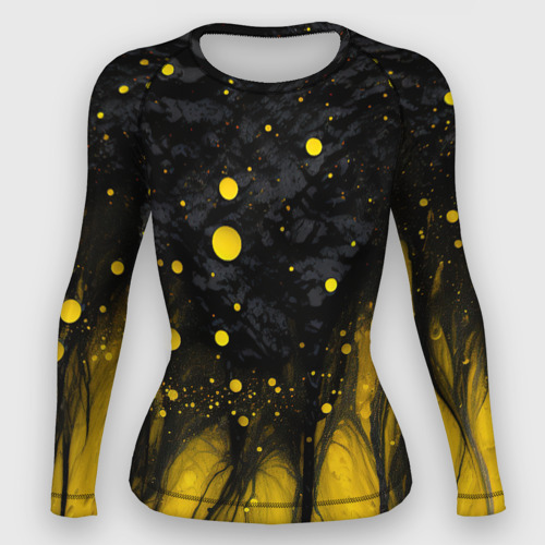 Женский рашгард 3D с принтом Желтые брызги на черном фоне, вид спереди #2