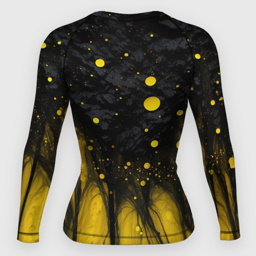Женский рашгард 3D с принтом Желтые брызги на черном фоне, вид сзади #1