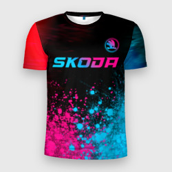 Мужская футболка 3D Slim Skoda - neon gradient: символ сверху