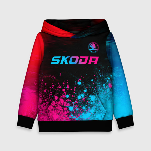 Детская толстовка 3D Skoda - neon gradient: символ сверху, цвет черный