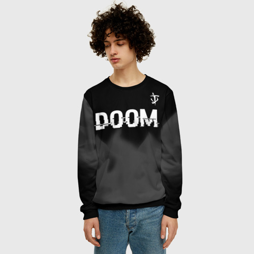Мужской свитшот 3D с принтом Doom glitch на темном фоне: символ сверху, фото на моделе #1