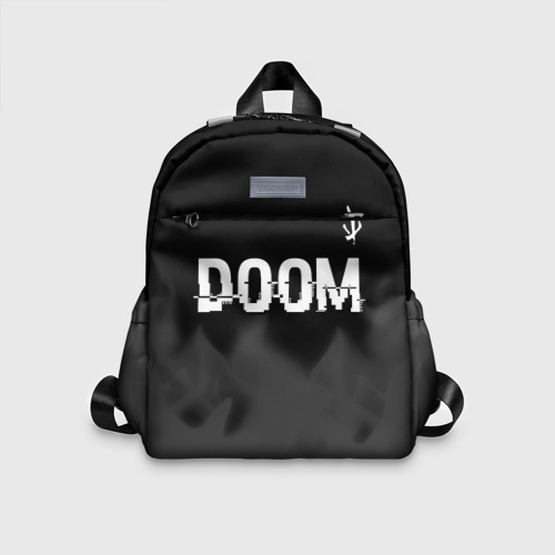 Детский рюкзак 3D с принтом Doom glitch на темном фоне: символ сверху, вид спереди #2