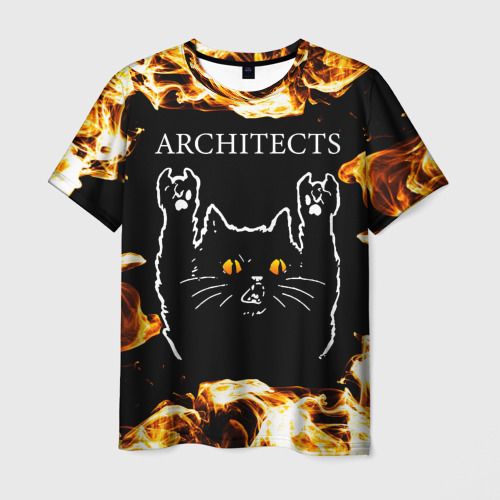 Мужская футболка с принтом Architects рок кот и огонь, вид спереди №1
