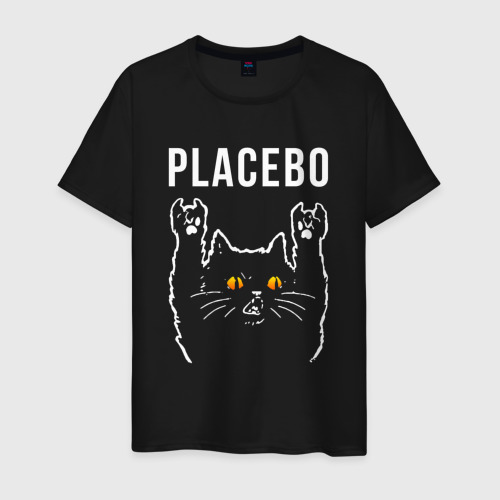 Мужская футболка хлопок с принтом Placebo rock cat, вид спереди #2