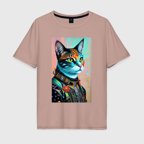Мужская футболка хлопок Oversize с принтом Модный котик - нейросеть, вид спереди #2