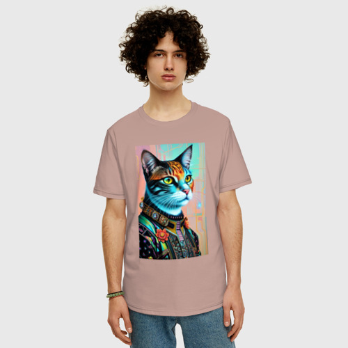 Мужская футболка хлопок Oversize с принтом Модный котик - нейросеть, фото на моделе #1