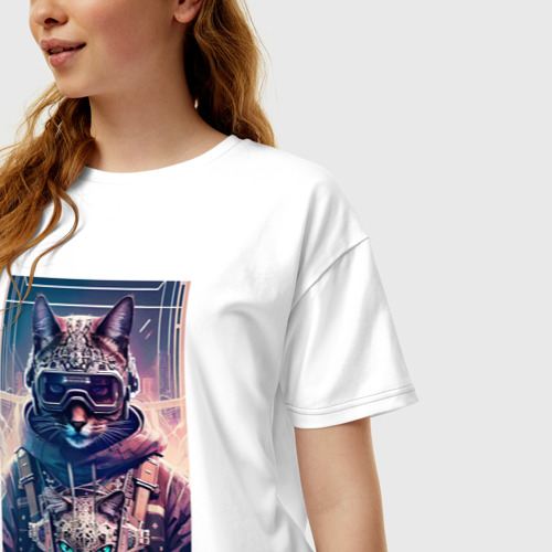 Женская футболка хлопок Oversize с принтом Кот с котёнком - Киберпанк - нейросеть, фото на моделе #1