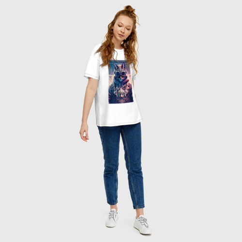 Женская футболка хлопок Oversize с принтом Кот с котёнком - Киберпанк - нейросеть, вид сбоку #3