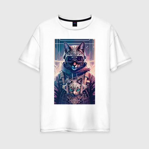 Женская футболка хлопок Oversize с принтом Кот с котёнком - Киберпанк - нейросеть, вид спереди #2