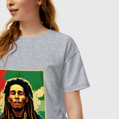 Женская футболка хлопок Oversize Боб Марли в красных цветах граффити, цвет меланж - фото 3