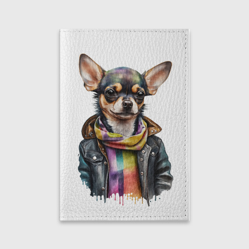 Обложка для паспорта матовая кожа с принтом Собака той-терьер в одежде, вид спереди №1