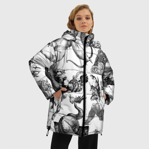 Женская зимняя куртка 3D с принтом Греческие божества и животные, фото на моделе #1