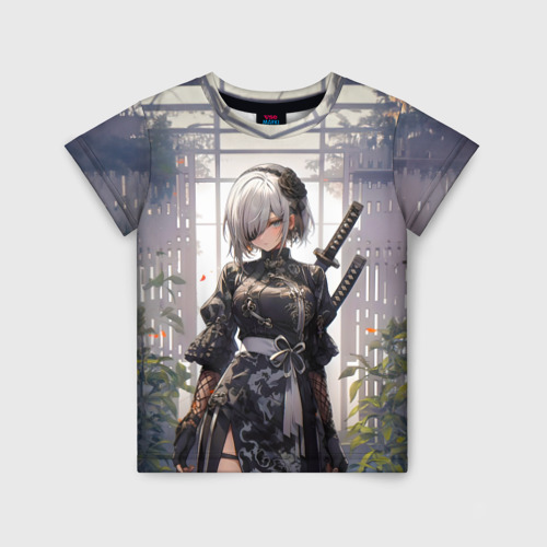 Детская футболка 3D с принтом Nier automata девушка с мечами, вид спереди #2
