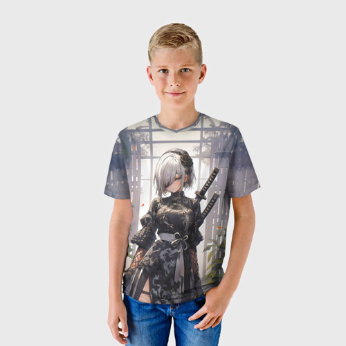 Детская футболка 3D с принтом Nier automata девушка с мечами, фото на моделе #1