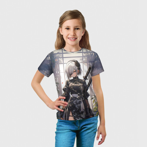 Детская футболка 3D с принтом Nier automata девушка с мечами, вид сбоку #3