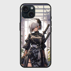 Чехол силиконовый для Apple iPhone 15 матовый Nier Automata девушка с мечами