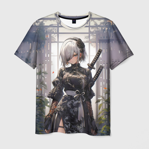 Мужская футболка с принтом Nier automata девушка с мечами, вид спереди №1