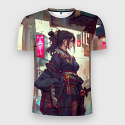Мужская футболка 3D Slim Кибер самурай девушка