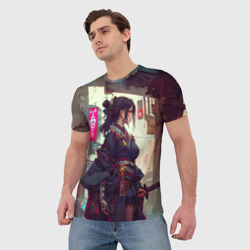 Мужская футболка 3D Кибер самурай девушка - фото 2