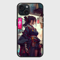 Чехол силиконовый для Apple iPhone 15 матовый Кибер самурай девушка