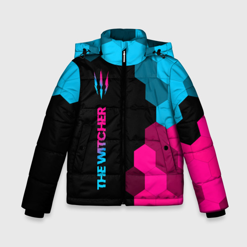 Зимняя куртка для мальчиков 3D с принтом The Witcher - neon gradient: по-вертикали, вид спереди #2