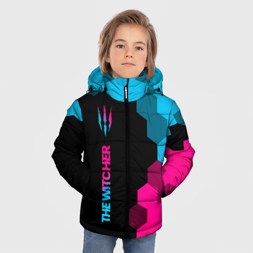 Зимняя куртка для мальчиков 3D с принтом The Witcher - neon gradient: по-вертикали, фото на моделе #1