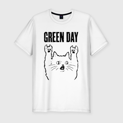 Мужская футболка хлопок Slim Green Day - rock cat, цвет белый
