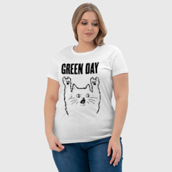 Футболка с принтом Green Day - rock cat для женщины, вид на модели спереди №4. Цвет основы: белый