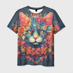 Мужская футболка 3D Кот в цветах и узорах