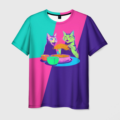 Мужская футболка с принтом Коты завтракают лапшой, вид спереди №1